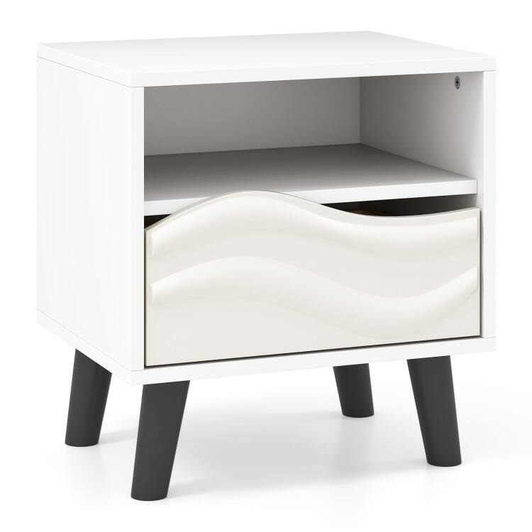Front. SlickBlue - Bedside Table with 3D Wavy Design and Open Shelf in Mid-Century Modern Style - White.