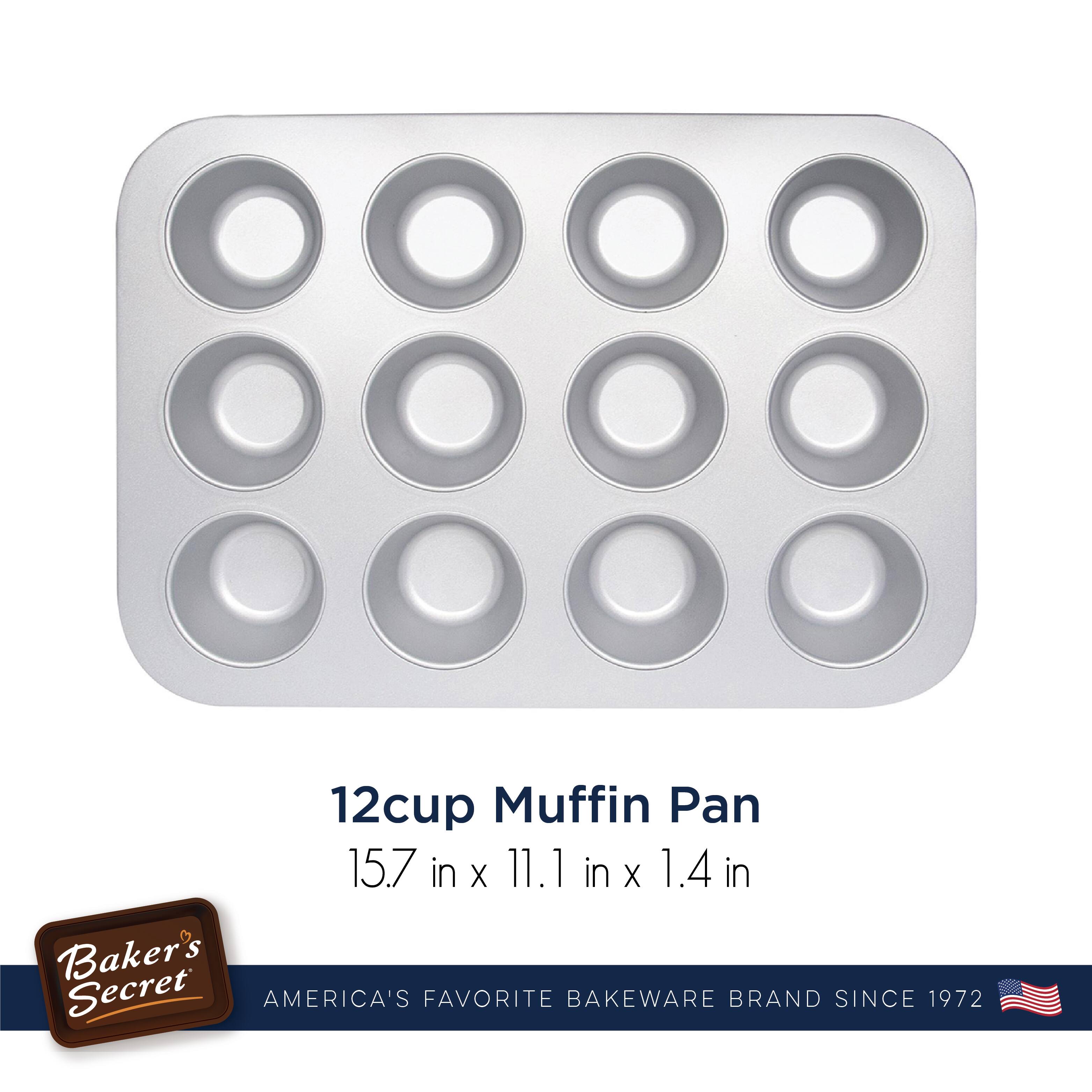 12cup Muffin Pan  
15.7 in x 11.1 in x 1.4 in  

Baker's Secret  
AMERICA'S FAVORITE BAKEWARE BRAND SINCE 1972