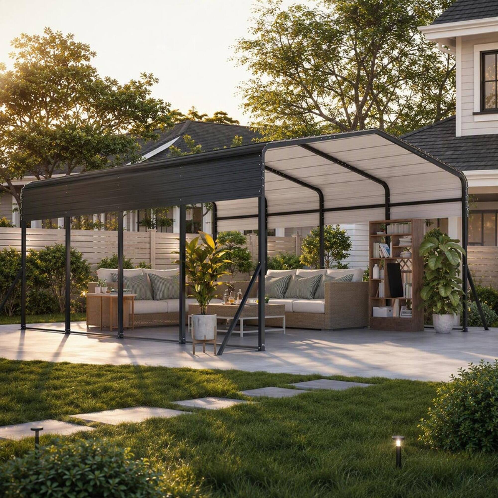 Left. RYHNUYNE - 13x20 FT Metal Carport Reinforced Frame 4 Poles Steel Roof Shelter Car Truck Boat - Black.