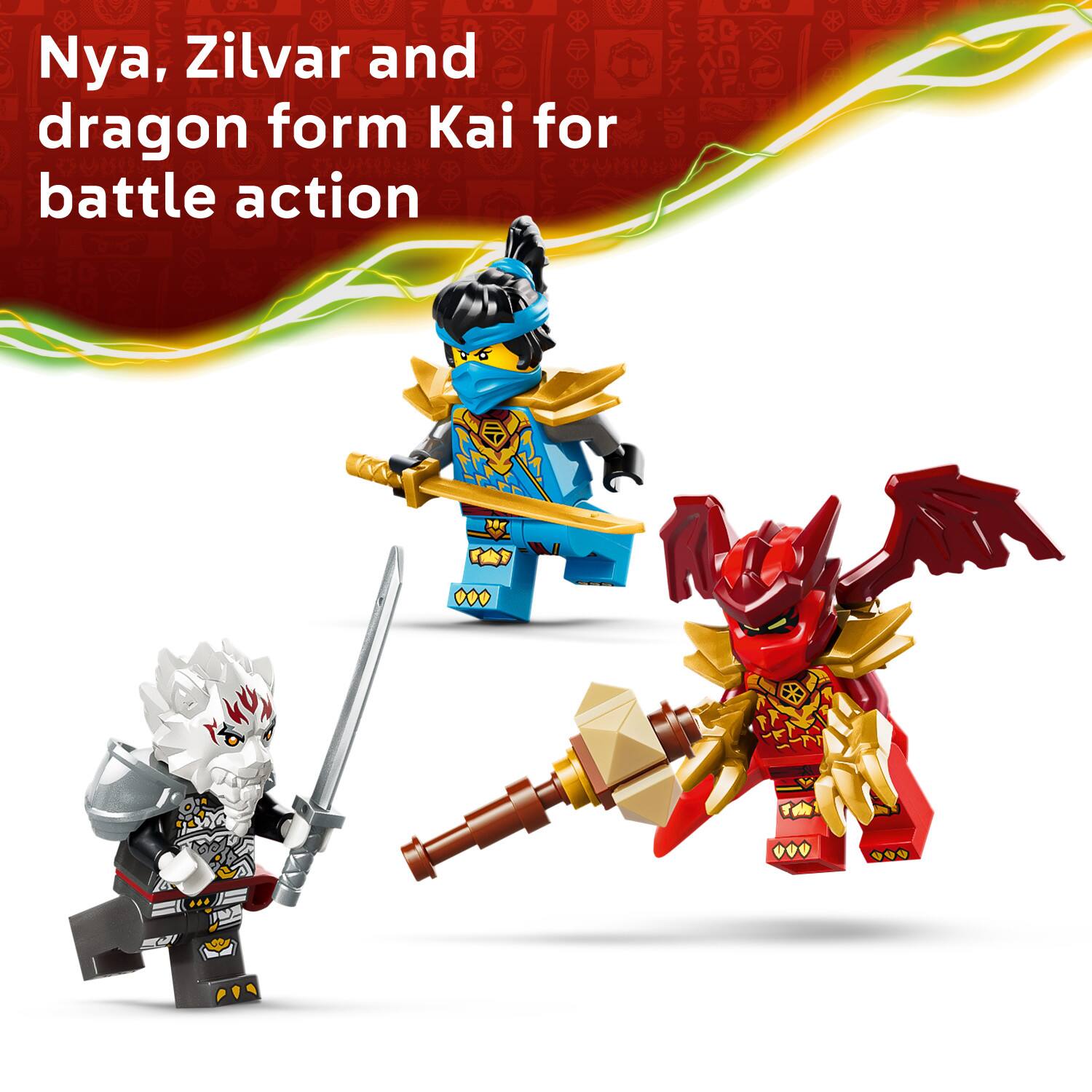 Nya, Zilvar and dragon form Kai for battle action