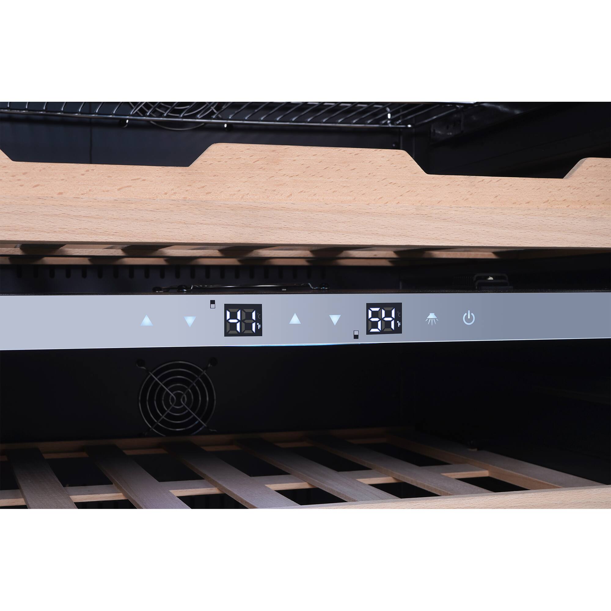 Left. Equator - Equator - 24" Luxury Hybrid Dual Temp Zone Gourmet Center 43 Bottles+45 Cans+Fine Food Reversible Door 7 Color LED 110V - Stainless Steel.