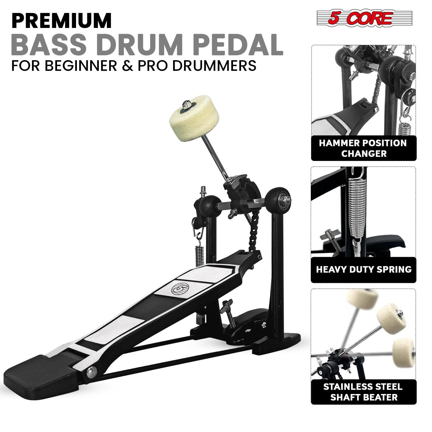 PREMIUM BASS DRUM PEDAL FOR BEGINNER & PRO DRUMMERS 5 CORE
HAMMER POSITION CHANGER
HEAVY DUTY SPRING
STAINLESS STEEL SHAFT BEATER