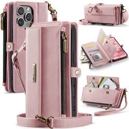 Dteck - Wallet Case for Apple iPhone 15 Pro Max, Leather Shockproof Card Slots Zipper Pocket Cover With Shoulder Strap+Lanyard - Pink