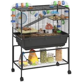 Pawhut - Tier Hamster Cage, Rolling Rat Cage with Deep Tray, Storage Shelf, Big Exercise Wheel, Hut