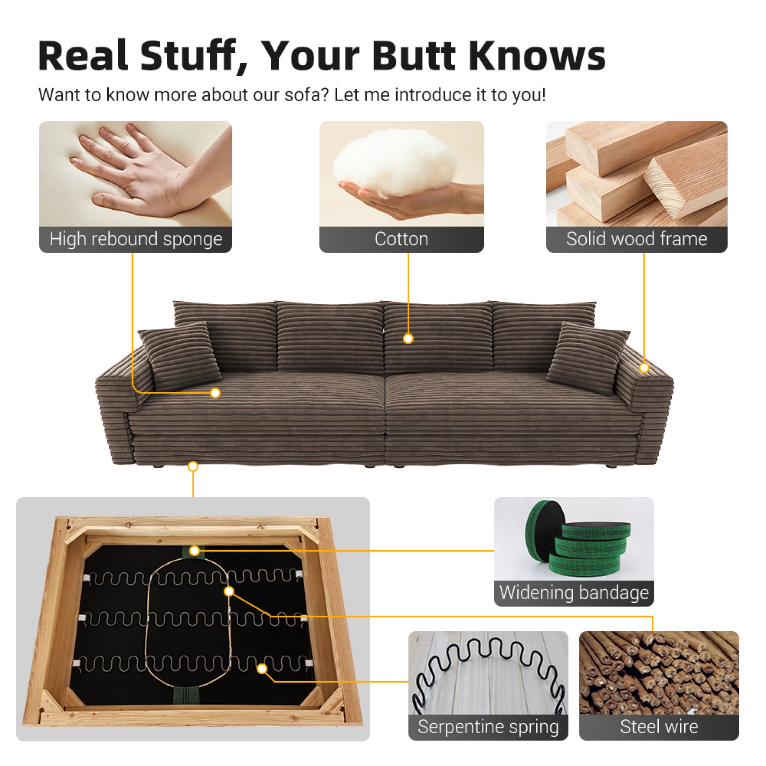 Real Stuff, Your Butt Knows

Want to know more about our sofa? Let me introduce it to you!

- High rebound sponge
- Cotton
- Solid wood frame
- Widening bandage
- Serpentine spring
- Steel wire