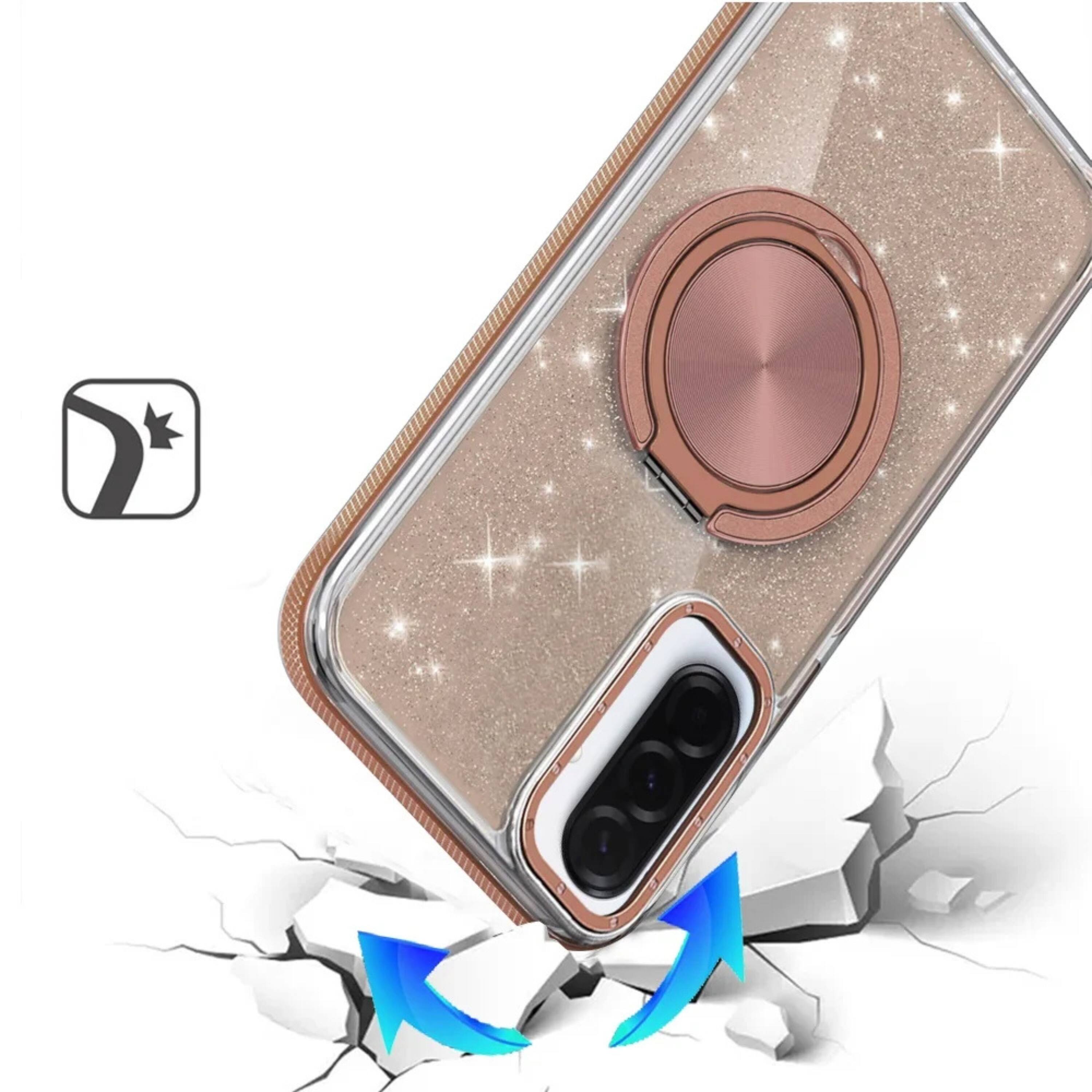Left. Kitcheniva - Magnetic Circle Glitter Case For Samsung A17 5G With Ring Stand And Tempered Glass Gold - Gold.