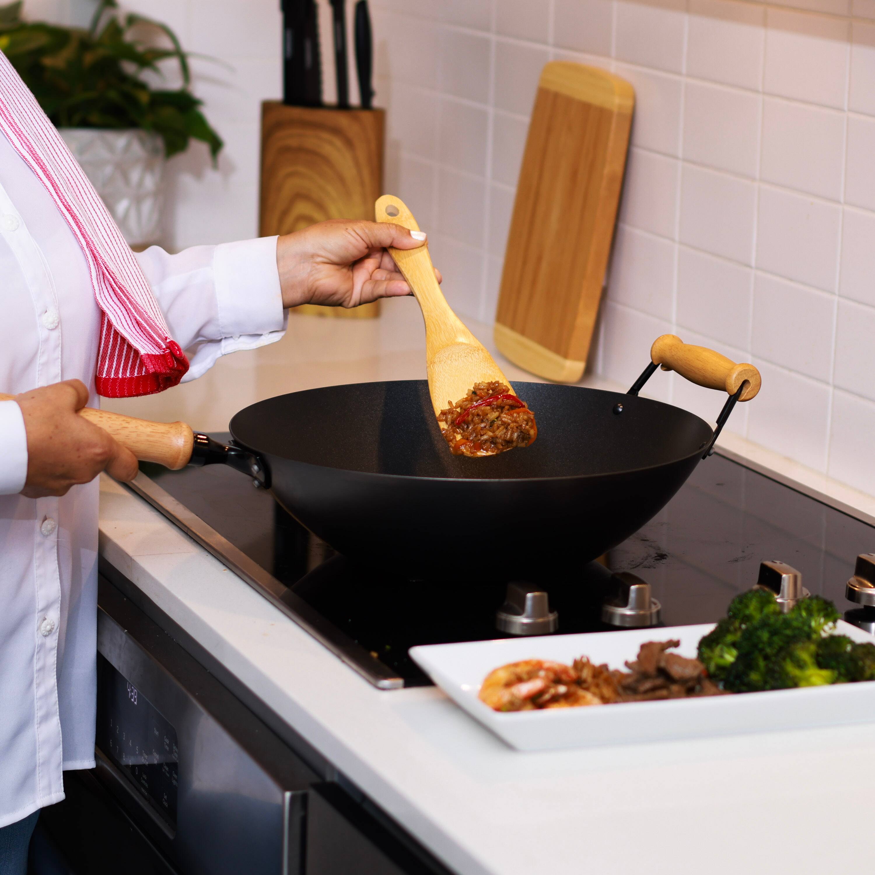 Alt View 2. Joyce Chen - Professional Series 14-Inch Carbon Steel Ceramic Nonstick Flat Bottom Wok Set with Lid and Maple Handles, 10 Pieces - Black.