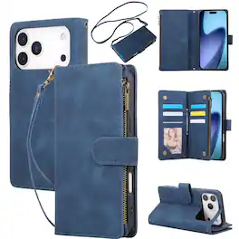 UUCOVER - Wallet Case for Apple iPhone 18 Pro with Card Slots Cash Holder, Zipper Pocket, Wrist & Shoulder Strap, Flip Stand Cover - Blue