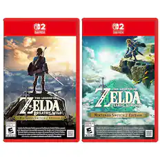 **The Legend of Zelda: Breath of the Wild - Nintendo Switch 2 Edition**
- Includes the Nintendo Switch game and the Nintendo Switch 2 Edition upgrade pack.
- Upgrade pack also available separately.
- For details, visit support.nintendo.com/switch2/upgradepack.
**The Legend of Zelda: Tears of the Kingdom - Nintendo Switch 2 Edition**
- Includes the Nintendo Switch game and the Nintendo Switch 2 Edition upgrade pack.
- Upgrade pack also available separately.
- For details, visit support.nintendo.com/switch2/upgradepack.
**ESRB Rating: Everyone 10+**
**Incluye el juego de Nintendo Switch y el paquete de mejora de versión Nintendo Switch 2 Edition. El paquete de mejora también está disponible por separado. Para obtener más información, visite support.nintendo.com/switch2/upgradepack.**
**TODOS 10+**