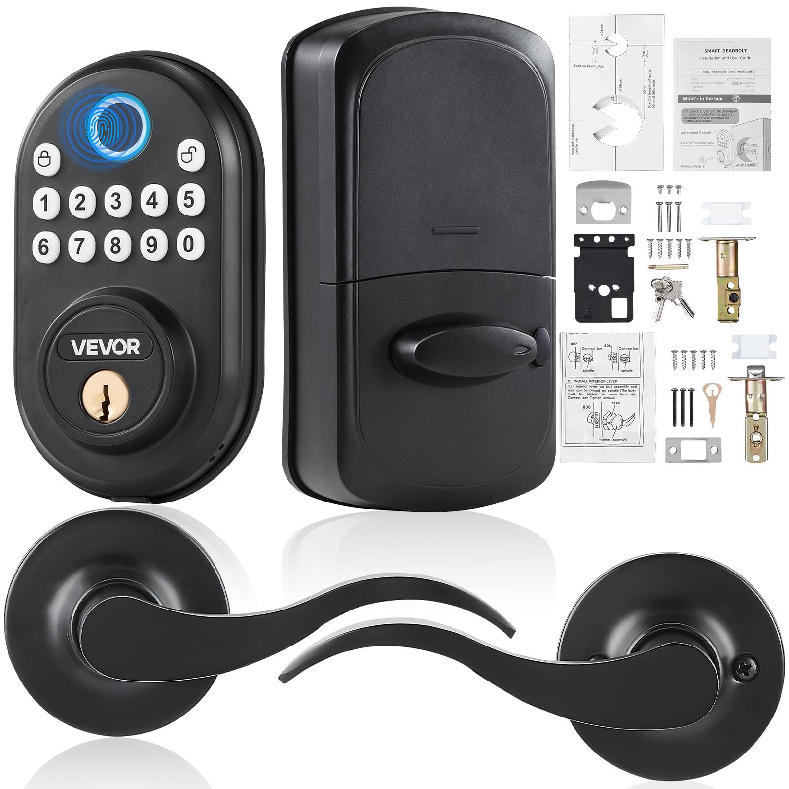 Sure, here is the corrected and grouped text from the image:

---

**VEVOR**

**SMART DIABLOT**

**Fingerprint Door Lock**

**What's In The Box**

- 1 x Smart Door Lock
- 1 x Installation Manual
- 1 x USB Cable
- 1 x Screw Set
- 1 x Key Set (2 Keys)
- 1 x Battery (CR2032)
- 1 x Installation Diagram

**Installation Diagram**

**1.** Install the lock body on the door.
**2.** Attach the lock plate to the door frame.
**3.** Connect the lock body to the lock plate.
**4.** Install the handle.
**5.** Install the key cylinder.
**6.** Install the battery.
**7.** Test the lock.

**1 2 3 4 5 6 7 8 9 0**

**EAOMOL - 2 : - : - - - - - -- - 8 Se 1 2 3 4 5 T 6 7 8 9 0 VEVOR & C ... - 1**

---