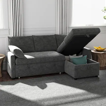 Front. Essen Blissed - 80'' L Shape Chenille Sleeper Sofa Couch,Pull Out Bed and Storage Chaise for Living Room,Apartment and Hotel,Dark Gray - Dark Gray.