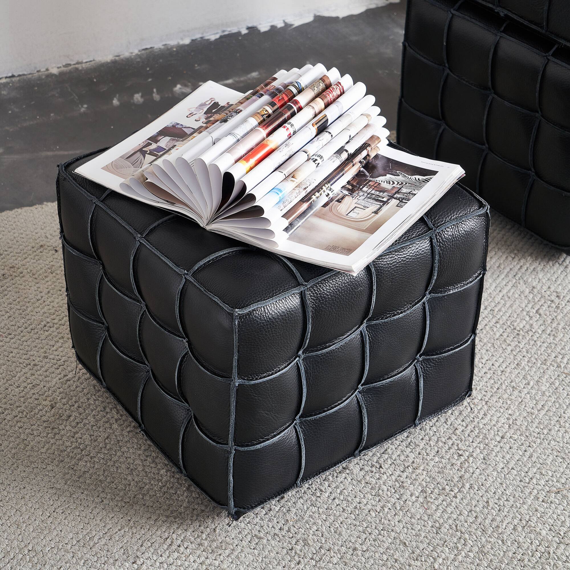 Alt View 1. GOODSILO - Genuine Leather Tufted Ottoman with Solid Wood Frame for Living Room and Bedroom Footrest and Seating - Black.