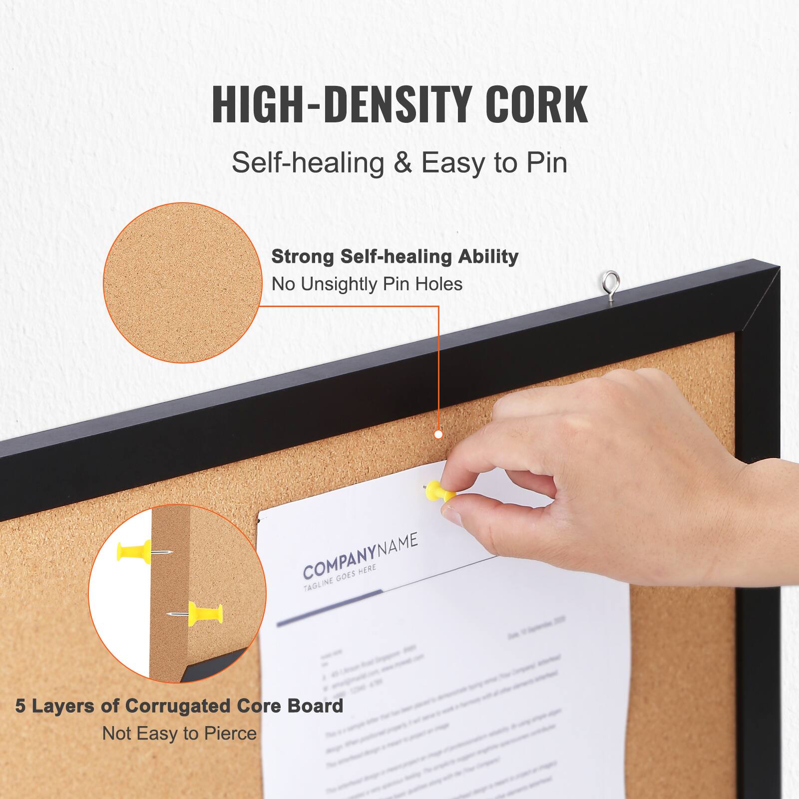 HIGH-DENSITY CORK  
Self-healing & Easy to Pin  

Strong Self-healing Ability  
No Unsightly Pin Holes  

5 Layers of Corrugated Core Board  
Not Easy to Pierce  

COMPANYNAME  
TAGLINE GOES HERE