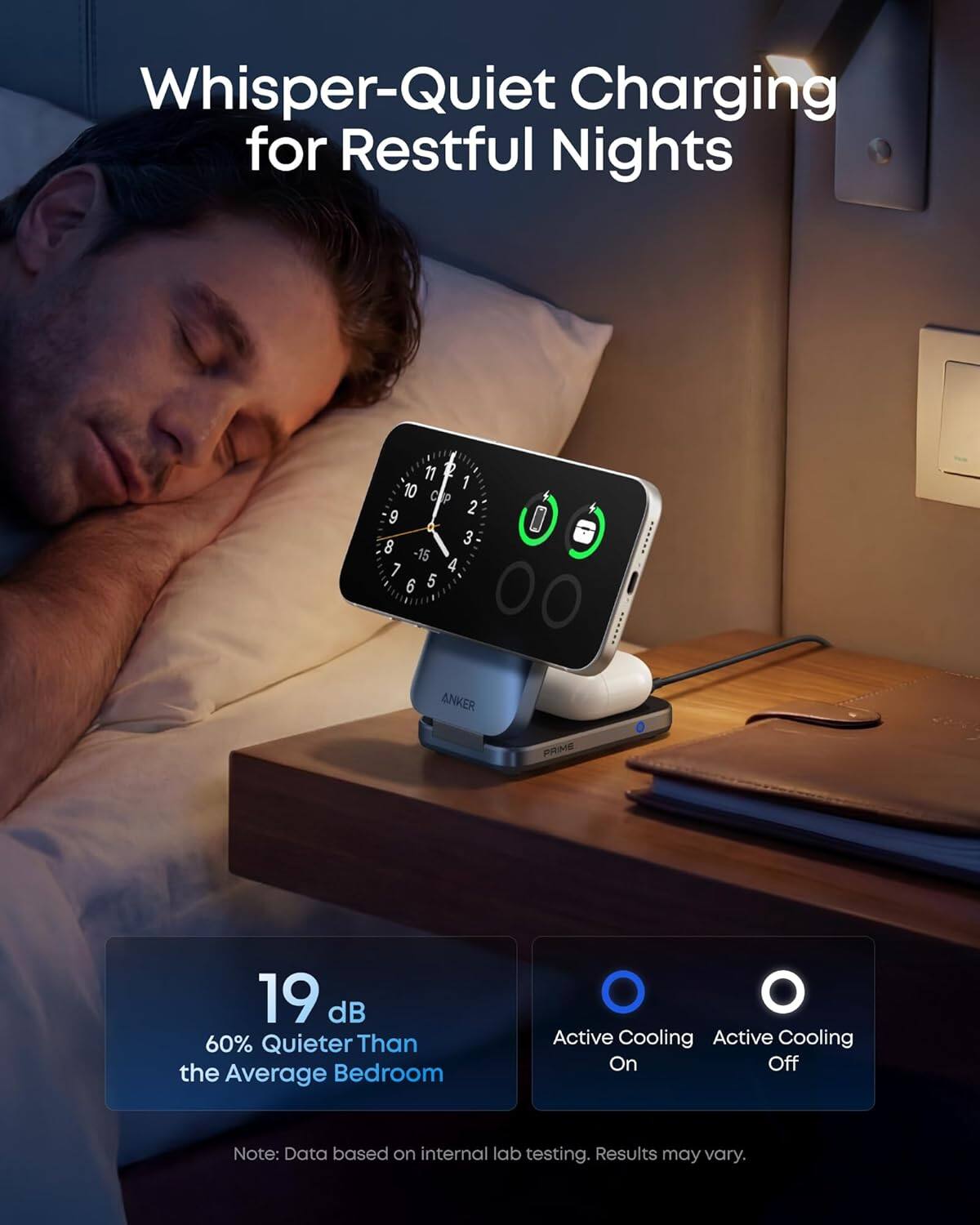Whisper-Quiet Charging for Restful Nights

19 dB
60% Quieter Than the Average Bedroom

Active Cooling
On Off

Note: Data based on internal lab testing. Results may vary.
