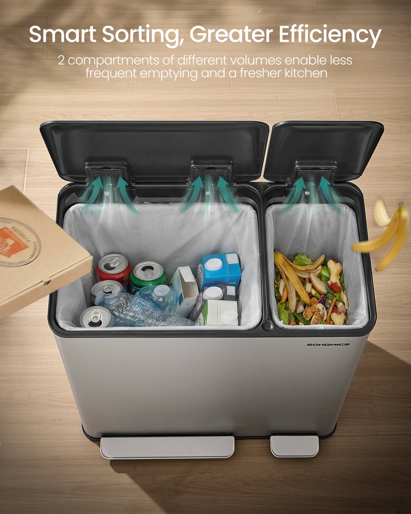 Smart Sorting, Greater Efficiency  
2 compartments of different volumes enable less frequent emptying and a fresher kitchen