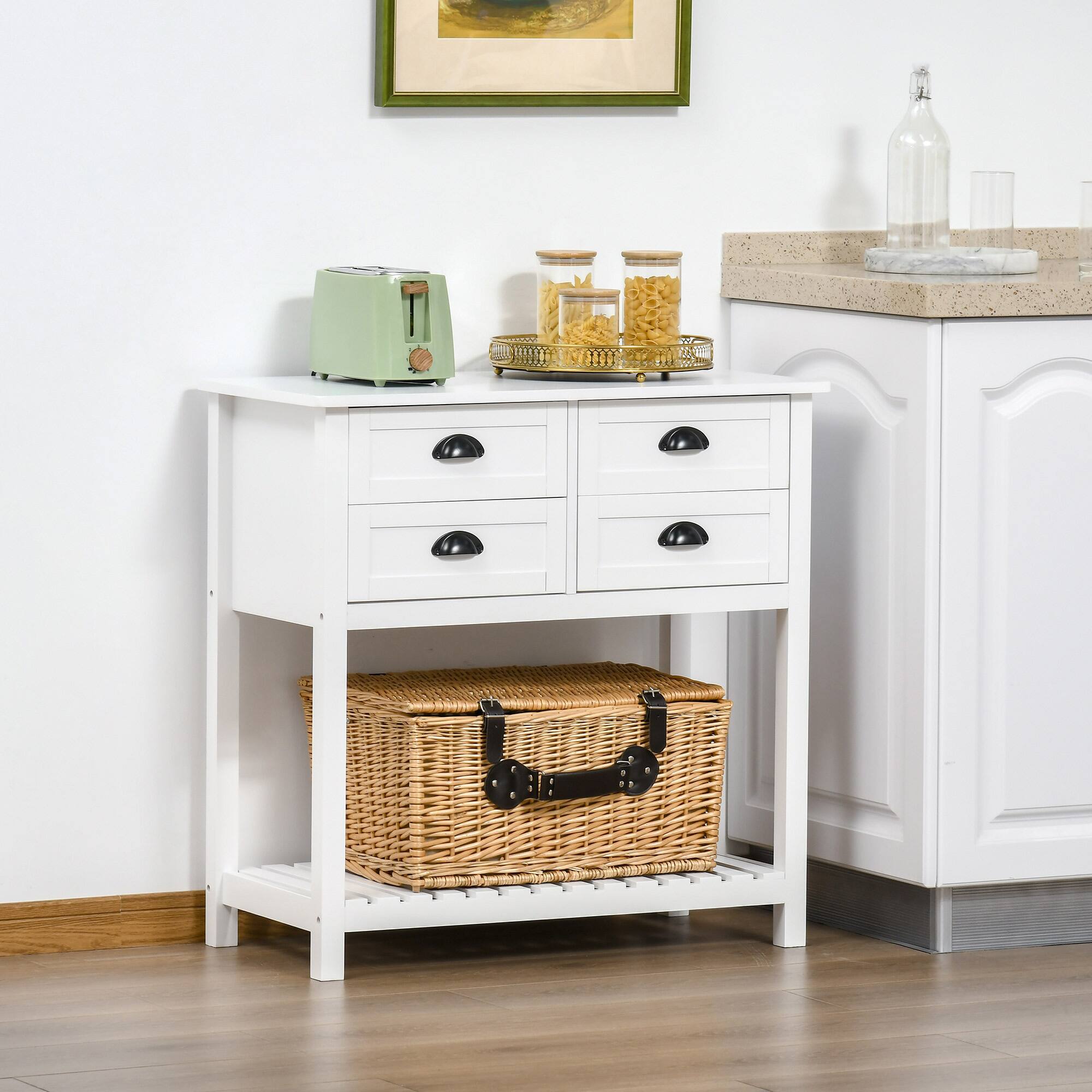 Back. Homcom - Modern Sideboard Coffee Bar with 4 Drawers, Slatted Shelf - White.