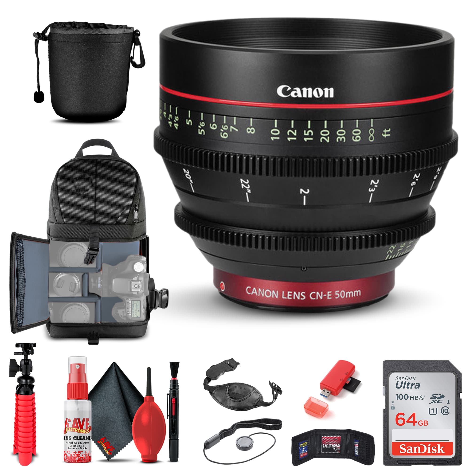 Canon - CN-E 50mm T1.3 L F Cine Lens (6570B001) + BackPack + 64GB Card + More - Black