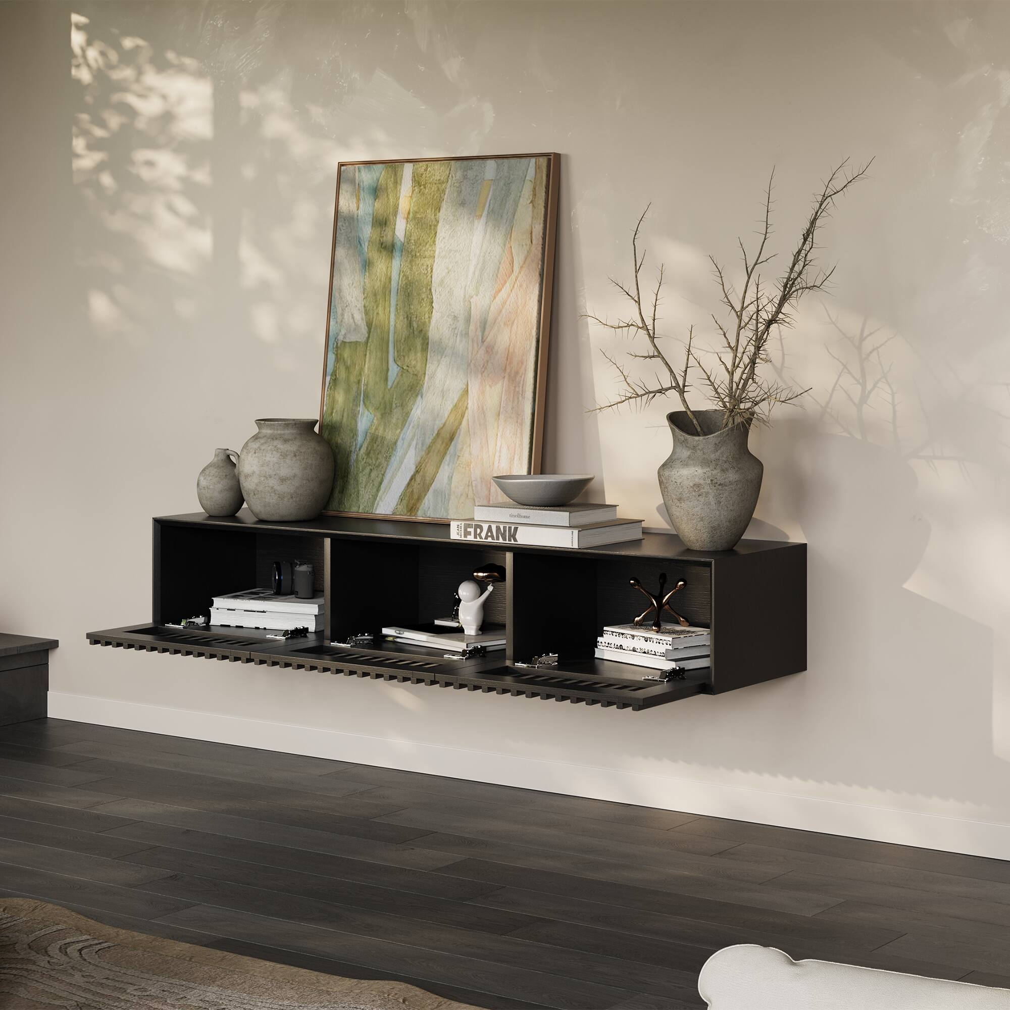 Alt View 6. POVISON - 63" Black Floating TV Stand, Modern Minimalist, Four Drawers, Fully-Assembled - Black.