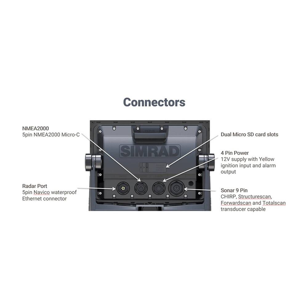 Connectors  
- NMEA2000 5pin NMEA2000 Micro-C  
- Dual Micro SD card slots  
- 4 Pin Power  
- 12V supply with Yellow ignition input and alarm output  
- Radar Port 5pin Navico waterproof Ethernet connector  
- Sonar 9 Pin CHIRP, Structurescan, Forwardscan and Totalscan transducer capable