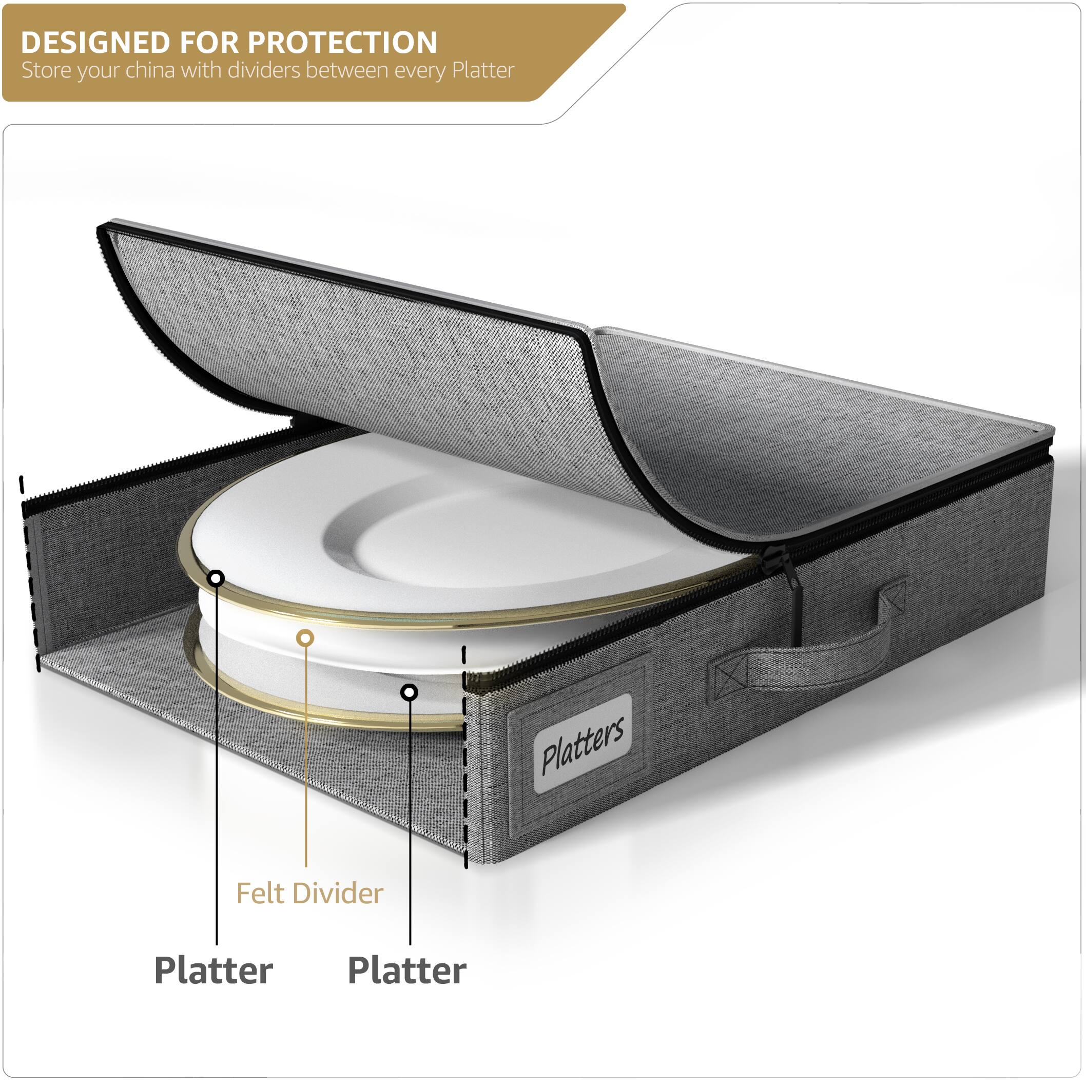 DESIGNED FOR PROTECTION  
Store your china with dividers between every Platter  

Platters  
Felt Divider  
Platter  
Platter