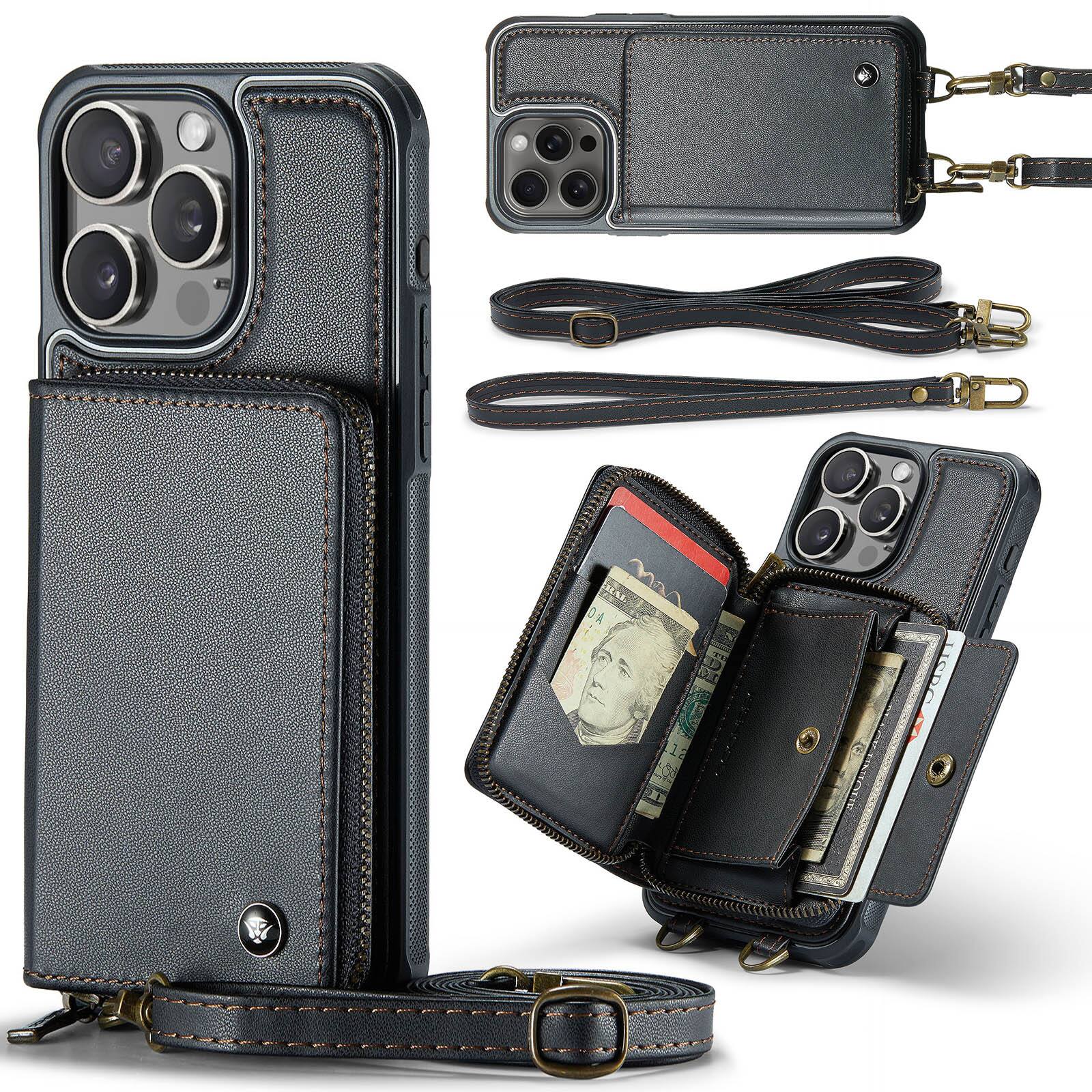 Front. Dteck - Crossbody Zipper Wallet Case for Apple iPhone 16 Pro Max, RFID Blocking PU Leather Card Wrist Strap Lanyard Cover - Black.