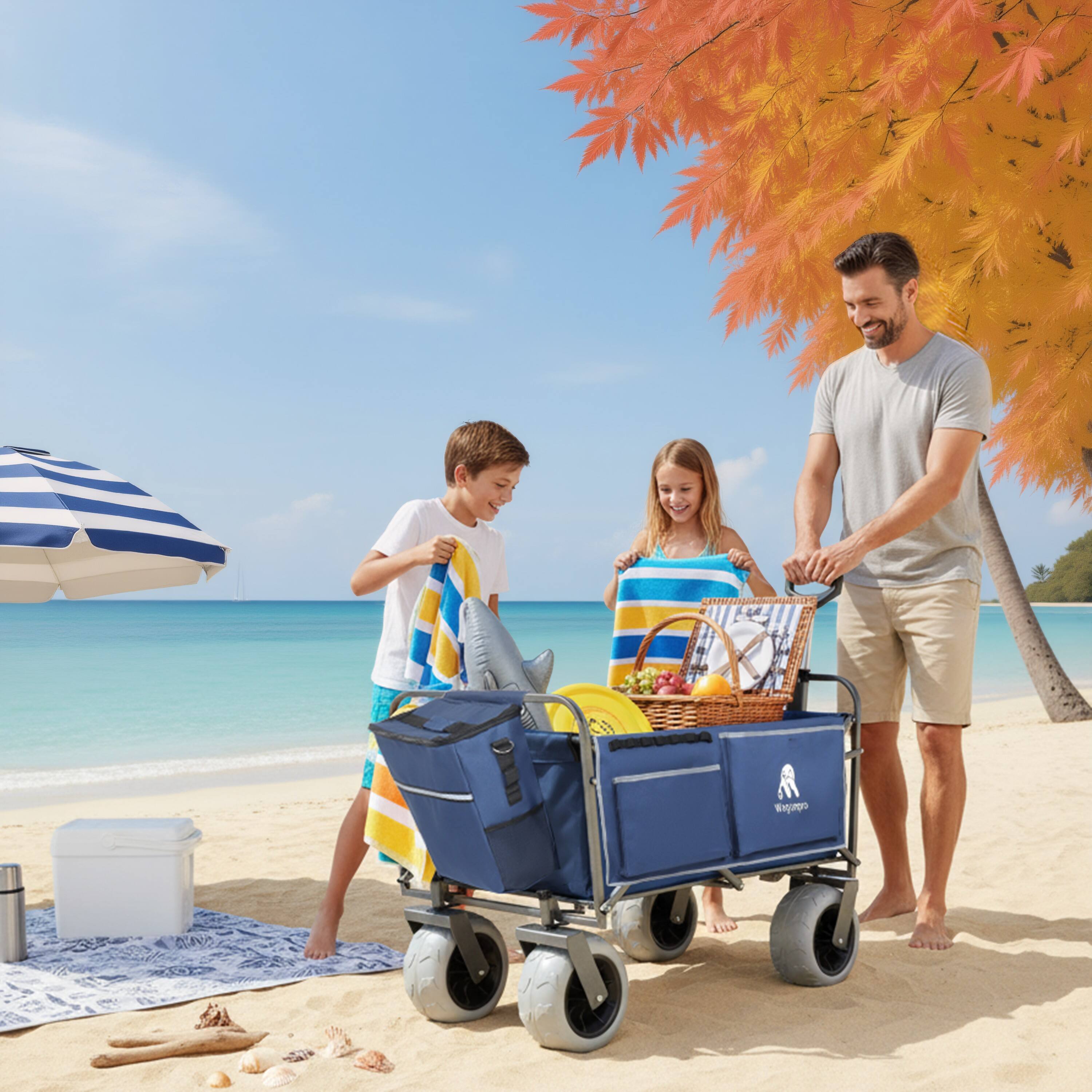 Angle. Mondawe - 500lbs Beach Utility Carts w/ Cooler Bag & Liner Set - Dark Blue.