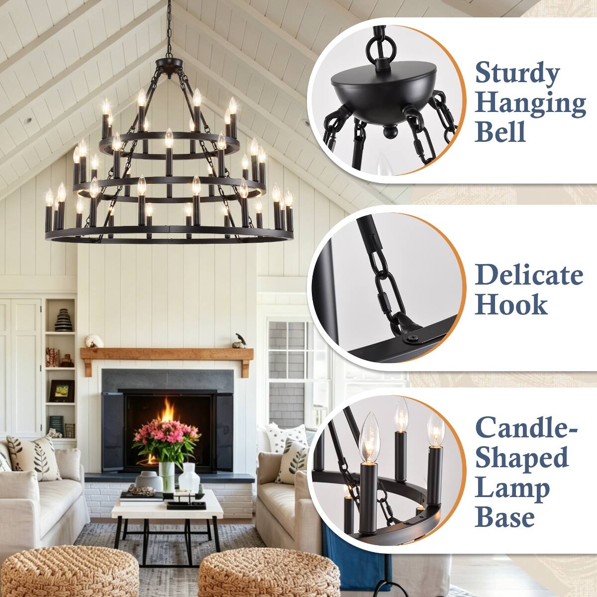 Sturdy Hanging Bell  
Delicate Hook  
Candle-Shaped Lamp Base
