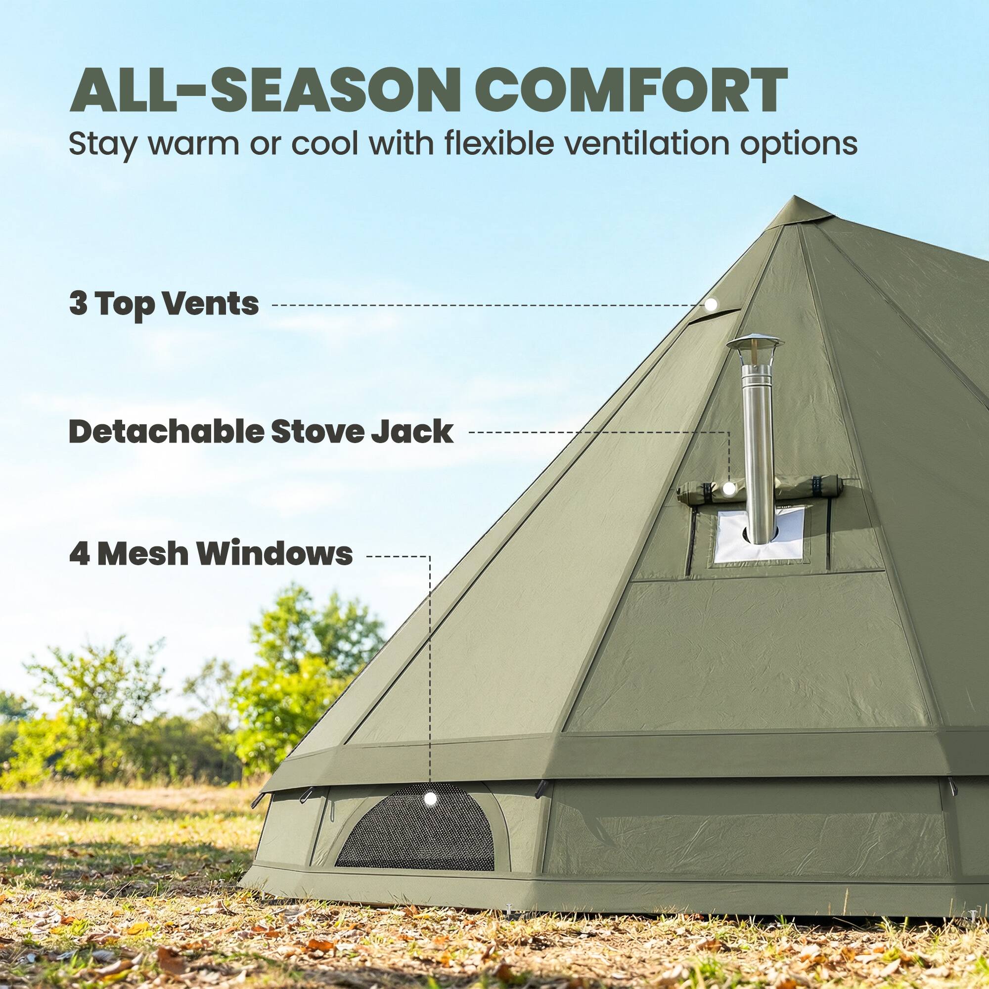 ALL-SEASON COMFORT  
Stay warm or cool with flexible ventilation options

3 Top Vents  
Detachable Stove Jack  
4 Mesh Windows
