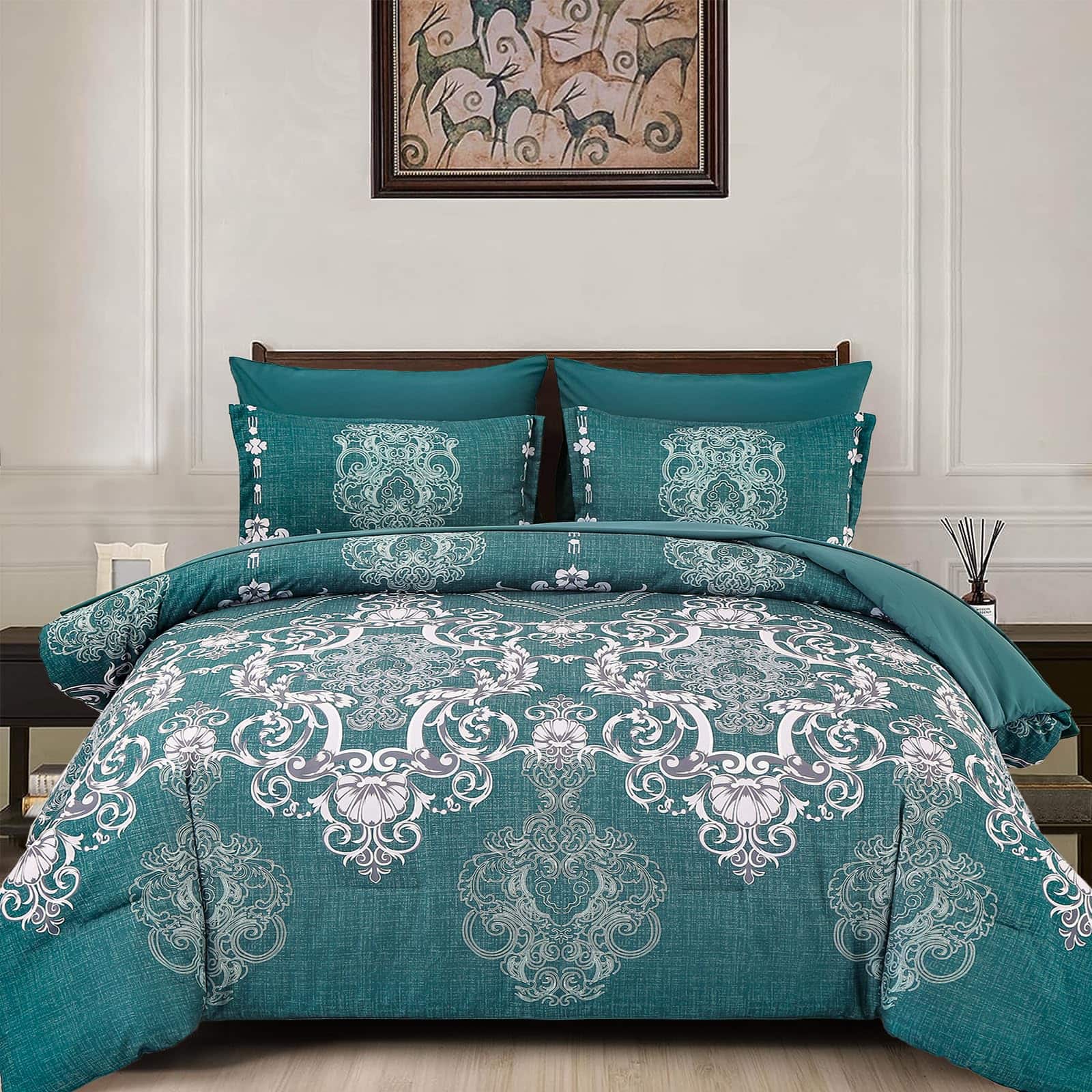 PO3TICJUNKI3 - 7 Pieces Comforter Set Damask Bed In A Bag For Lightweight Microfiber Boho Bedding Sets With Sheet - Turquoise-Queen