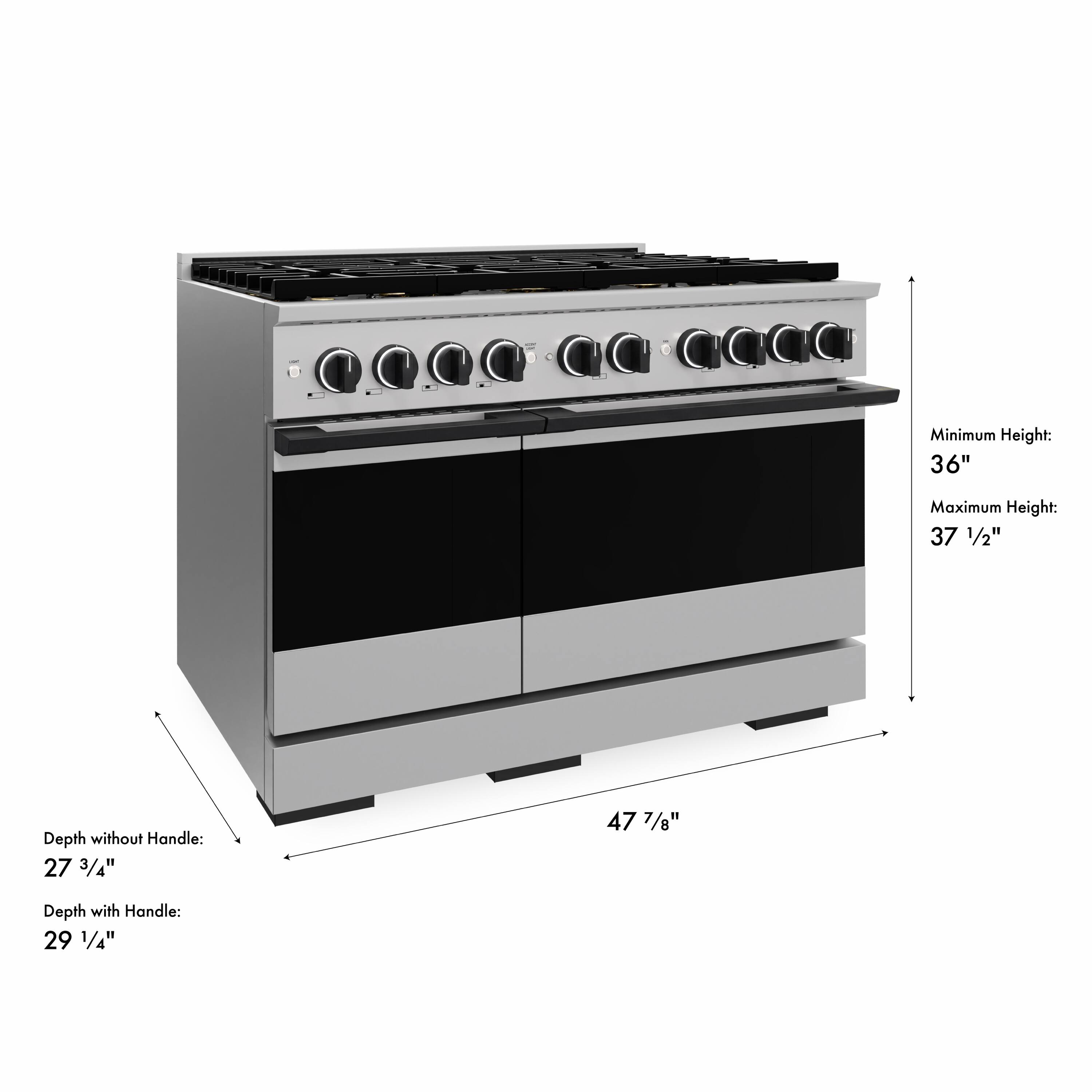 Minimum Height: 36"  
Maximum Height: 37 1/2"  
Depth without Handle: 27 3/4"  
Depth with Handle: 29 1/4"