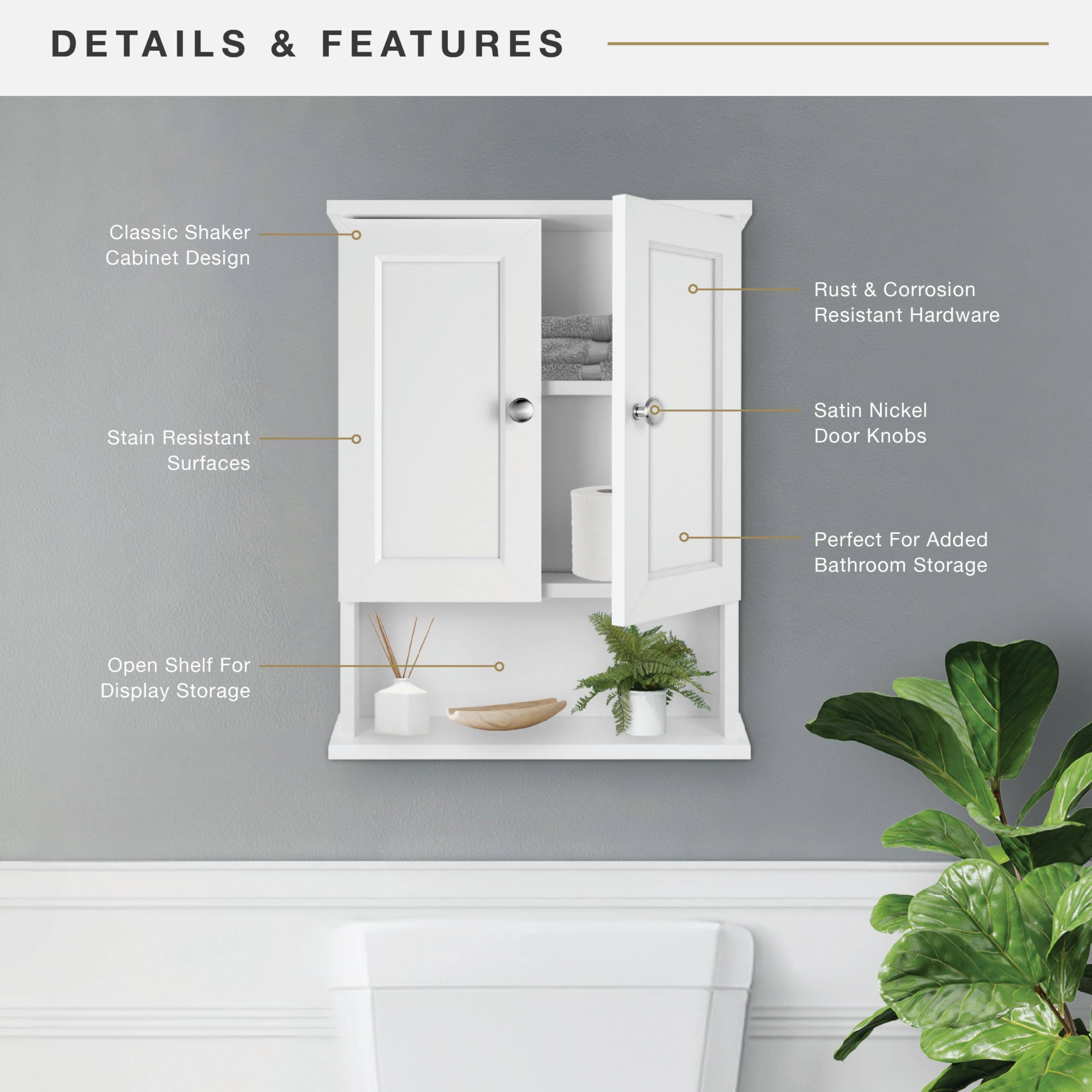 DETAILS & FEATURES

- Classic Shaker Cabinet Design
- Stain Resistant Surfaces
- Rust & Corrosion Resistant Hardware
- Satin Nickel Door Knobs
- Perfect For Added Bathroom Storage
- Open Shelf For Display Storage