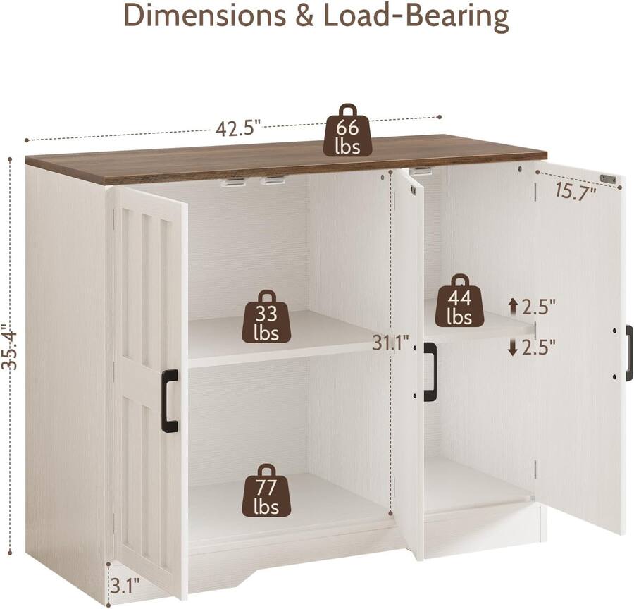 Vividwood 42" Buffet Cabinet with Storage, 3 Door Sideboard Cabinet ...