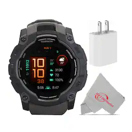 Garmin - Instinct 3 AMOLED Rugged Outdoor GPS Smartwatch - 50mm, Silicone Band (Charcoal) with USB Plug and Cleaning Cloth - Charcoal - (2025)