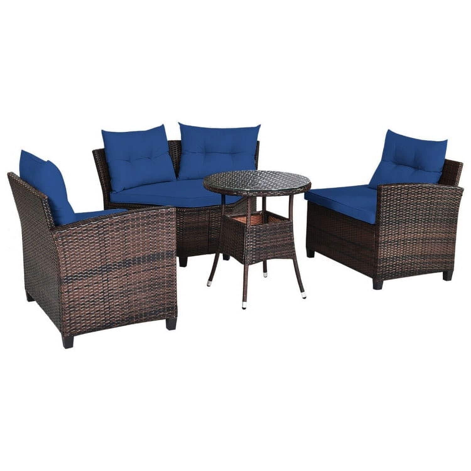 Pefilos - 4 Pieces Outdoor Cushioned Rattan Furniture Set-Navy, Wicker Furniture Conversation Sets, Coffee Dining Table for Garden - Blue