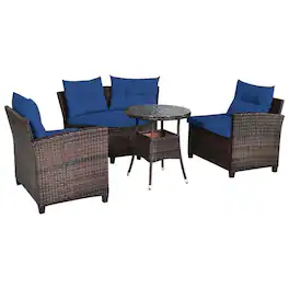 Pefilos - 4 Pieces Outdoor Cushioned Rattan Furniture Set-Navy, Wicker Furniture Conversation Sets, Coffee Dining Table for Garden - Blue