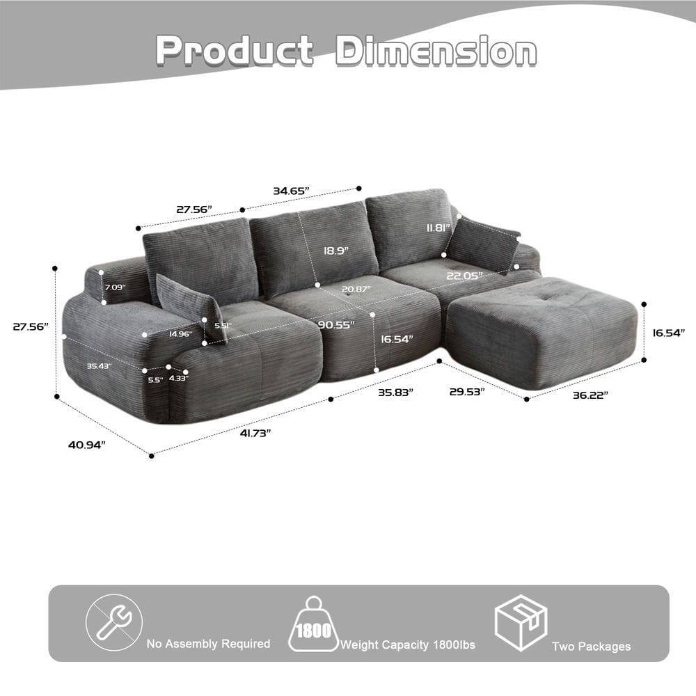 Product Dimension  
34.65" 27.56" 118P" 8.9" GO 20.87 22.05 27.56" 14.96 5 90.55" 16.54" 16.54" 35.42 5.5 444 35.83" 29.53" 36.22" 40.94" 41.73"  
No Assembly Required  
1800 Weight Capacity 1800lbs  
Two Packages