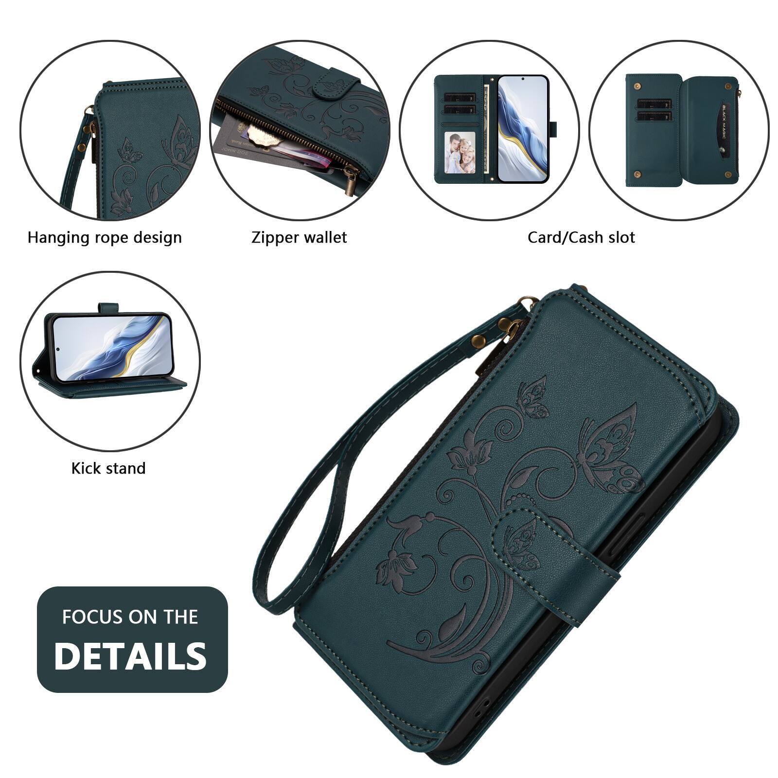 Hanging rope design  
Zipper wallet  
Card/Cash slot  
Kick stand  

FOCUS ON THE DETAILS