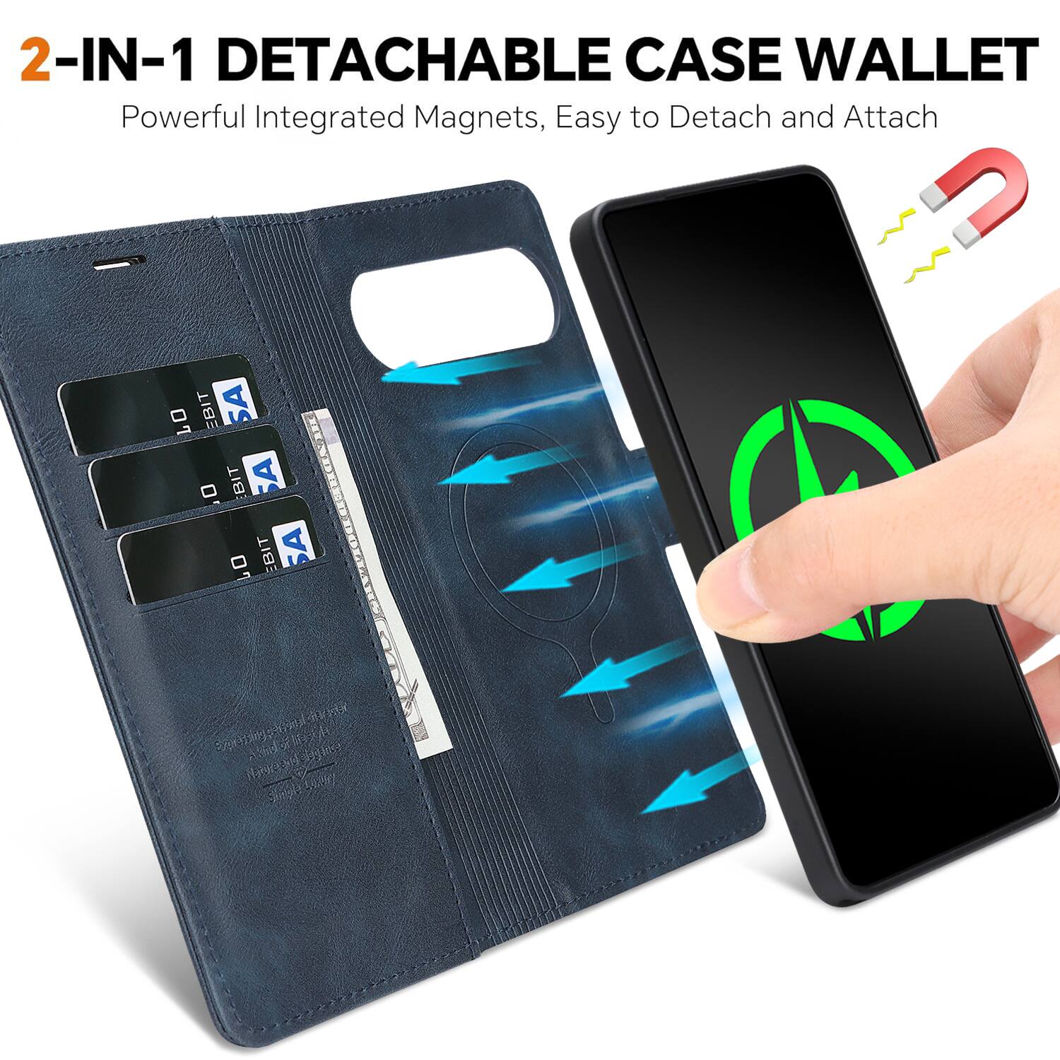 2-IN-1 DETACHABLE CASE WALLET  
Powerful Integrated Magnets, Easy to Detach and Attach