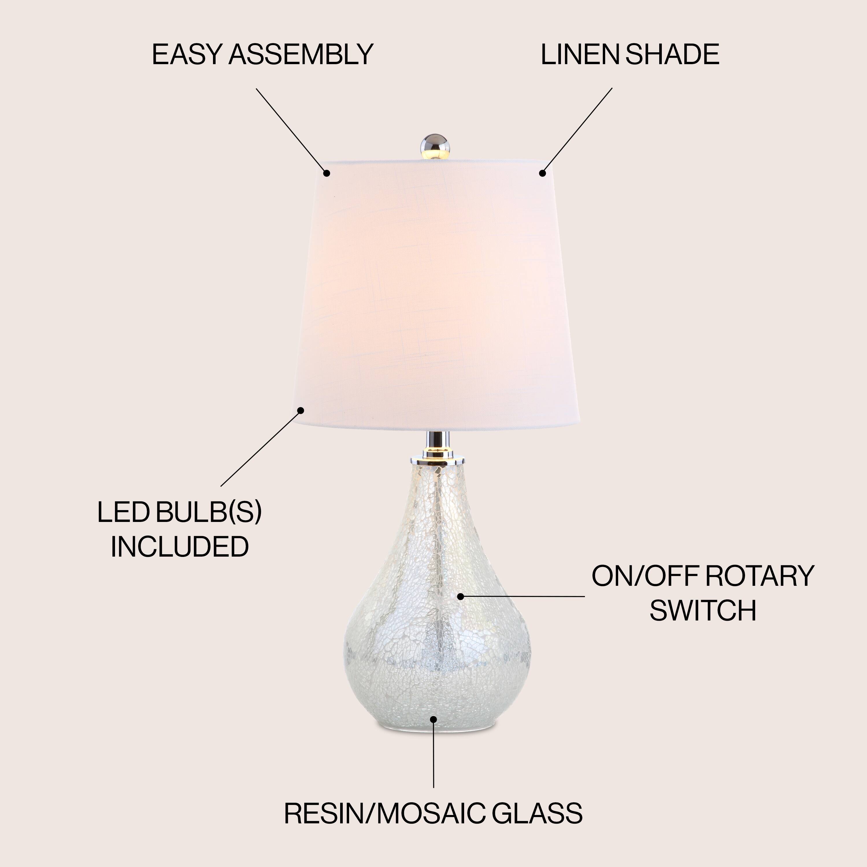 - Easy Assembly
- Linen Shade
- LED Bulb(s) Included
- On/Off Rotary Switch
- Resin/Mosaic Glass
