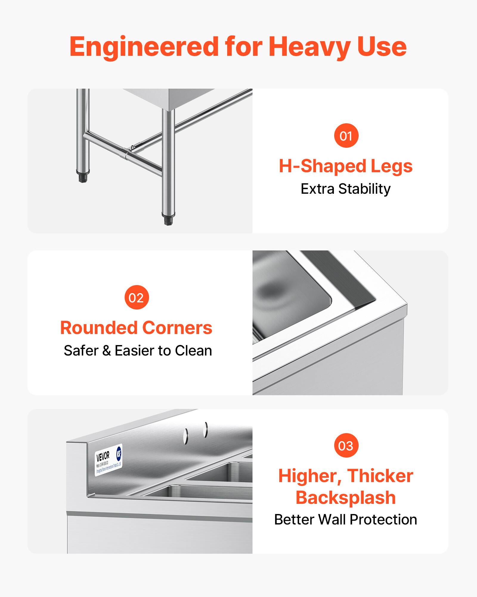 Engineered for Heavy Use

01 H-Shaped Legs
Extra Stability

02 Rounded Corners
Safer & Easier to Clean

03 Higher, Thicker Backsplash
Better Wall Protection
