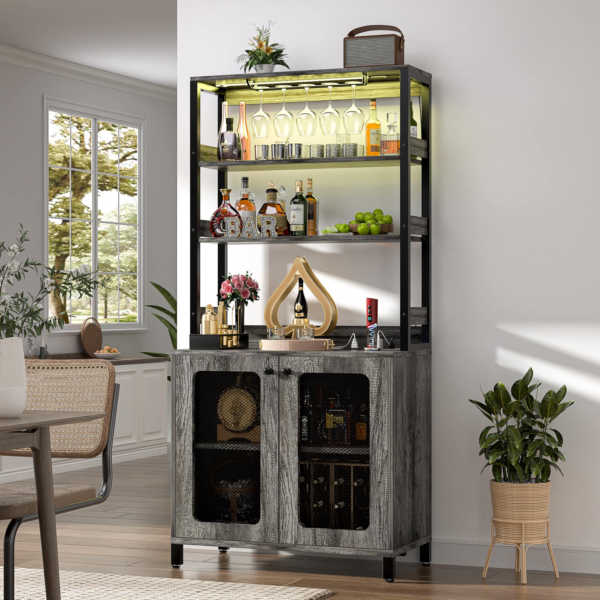 Aheaplus - 67'' Tall Wine Cabinet with LED Light and Power Strip, Liquor Cabinet with Glass Holder & Shelves - Gray Oak