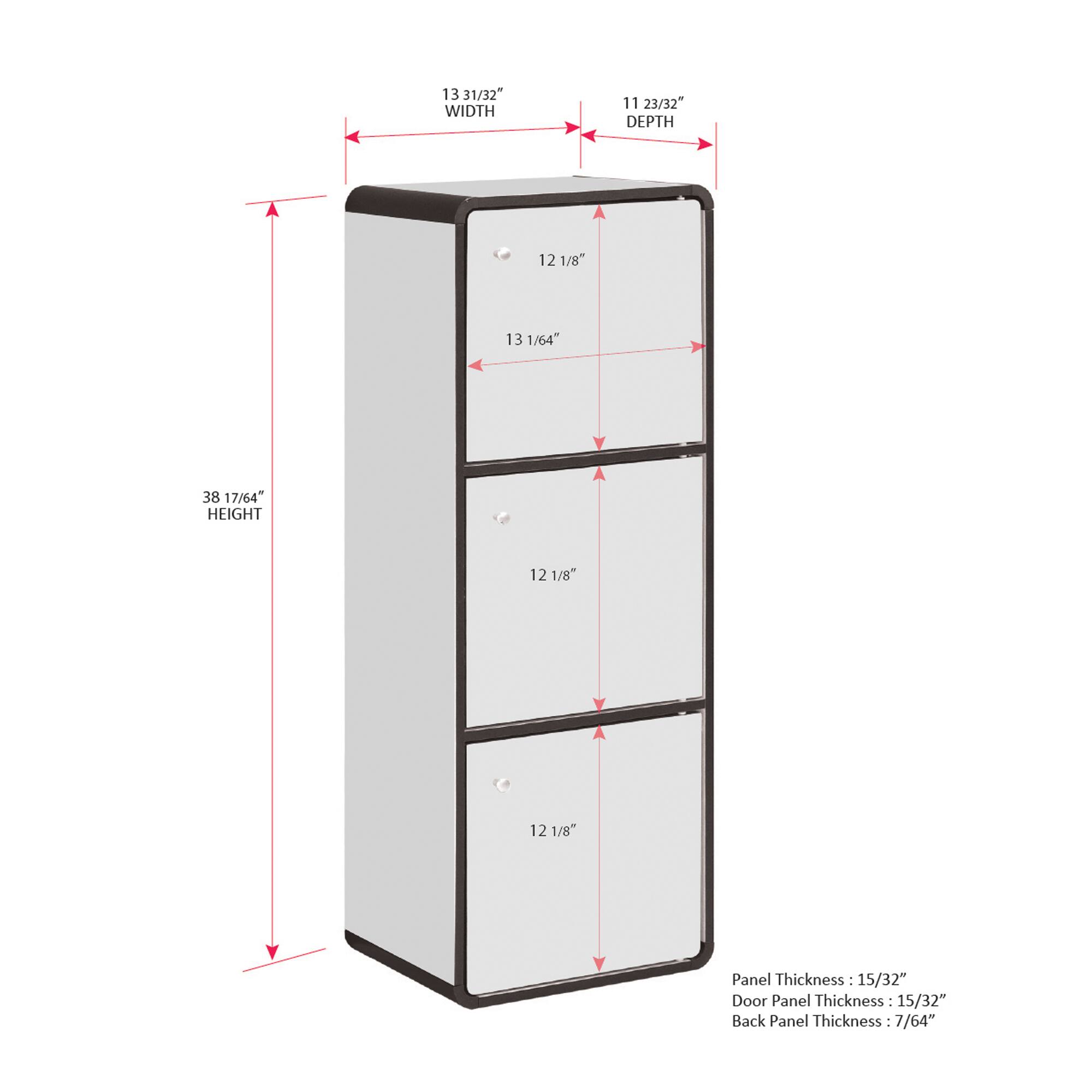 13 31/32" WIDTH  
1 11 23/32" DEPTH  
12 1/8"  
13 1/64"  
38 17/64" HEIGHT  
12 1/8"  
12 1/8"  
Panel Thickness: 15/32"  
Door Panel Thickness: 15/32"  
Back Panel Thickness: 7/64"