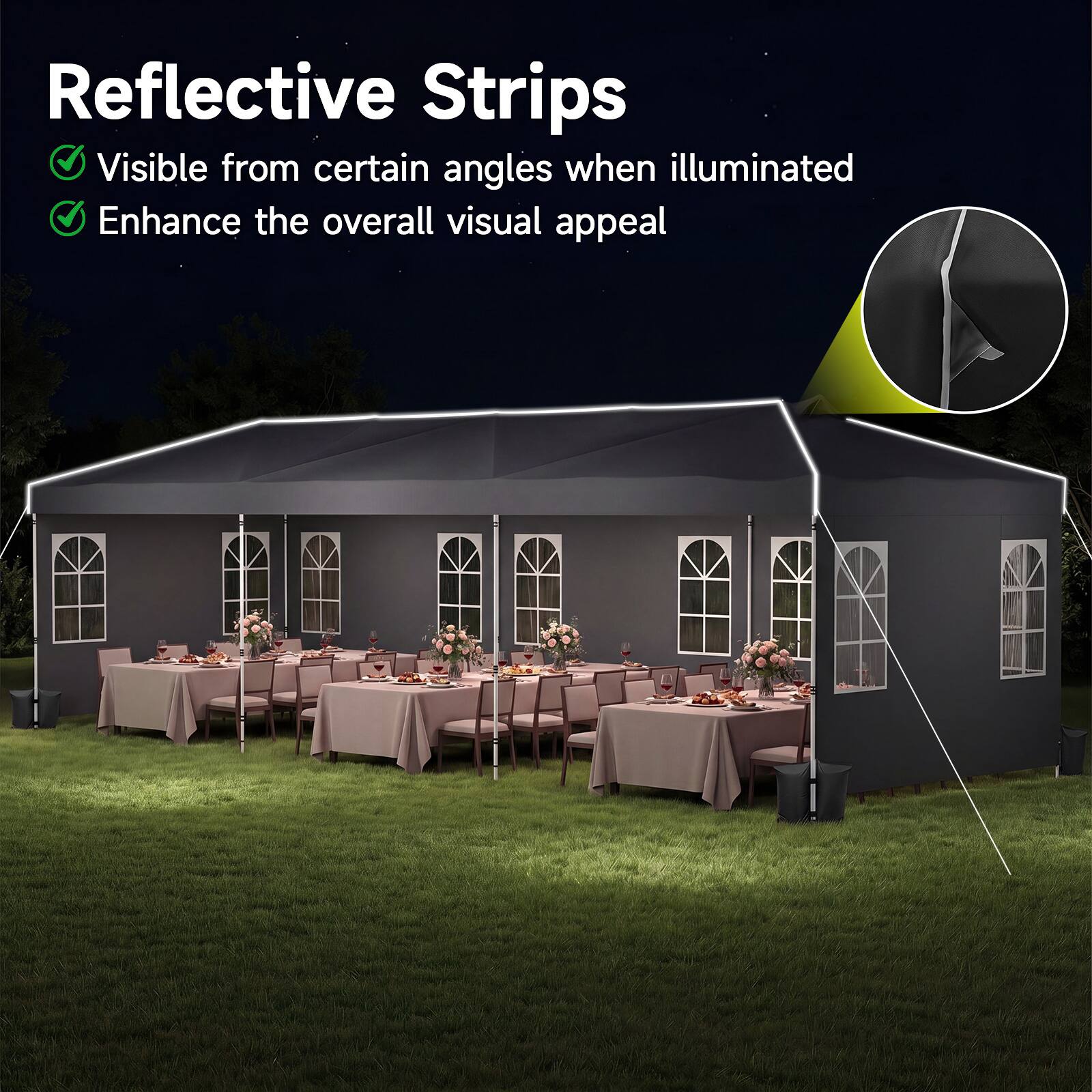 Reflective Strips
- Visible from certain angles when illuminated
- Enhance the overall visual appeal