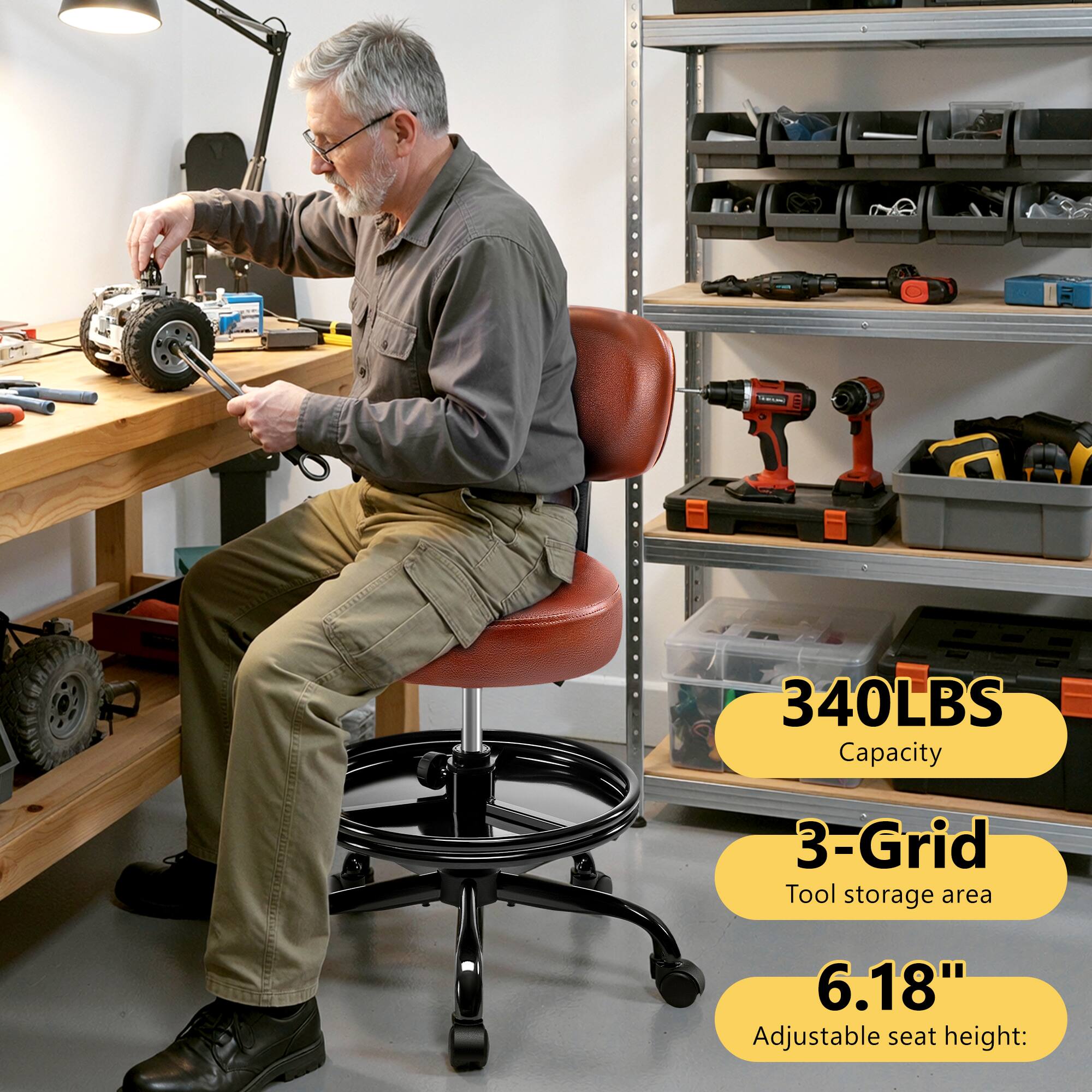 340LBS Capacity  
3-Grid Tool storage area  
6.18" Adjustable seat height