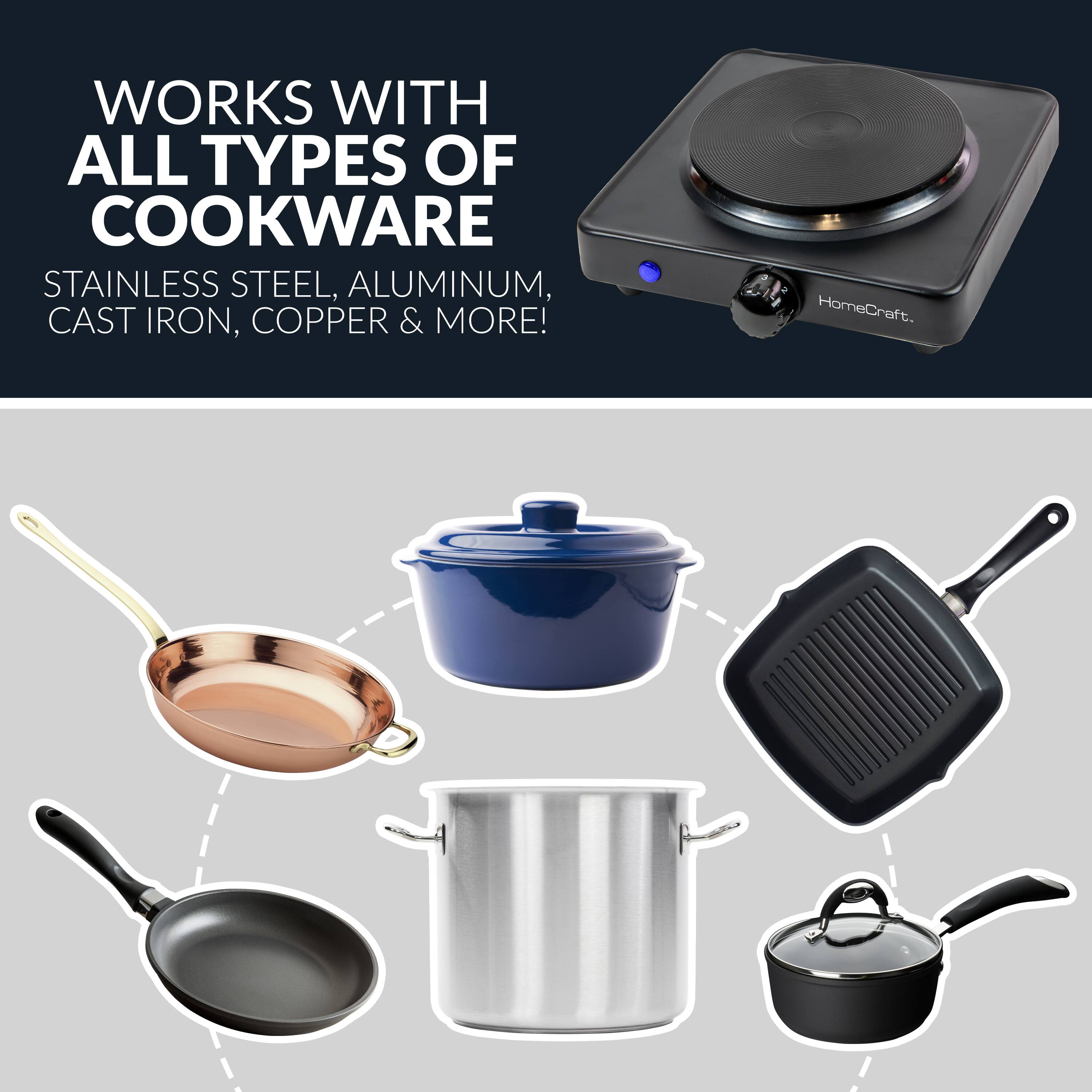 WORKS WITH ALL TYPES OF COOKWARE  
STAINLESS STEEL, ALUMINUM, CAST IRON, COPPER & MORE!  
HomeCraft.