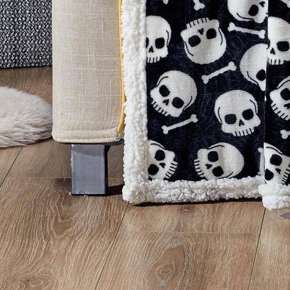 Alt View 3. Noble House - Skull & Bones Faux Shearling Micro Plush Throw Blanket 50" x 60" Black & White by Plazatex - Black & white.