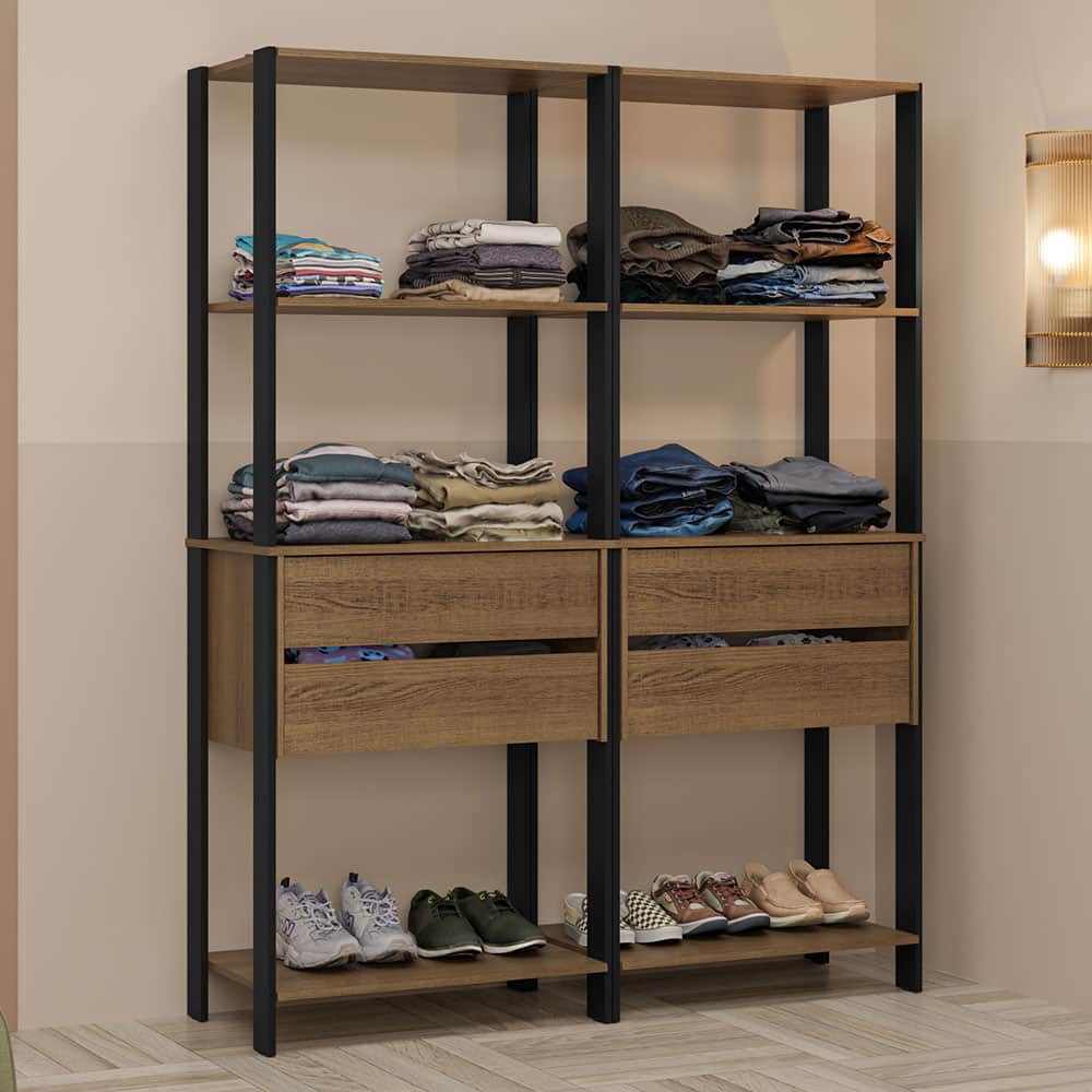 "Madesa - Wardrobe Clothes Storage Rack with 4 Drawers and Open Shelves 55""L - Black/Brown - Rustic/Black" price history on PriceWatchPro