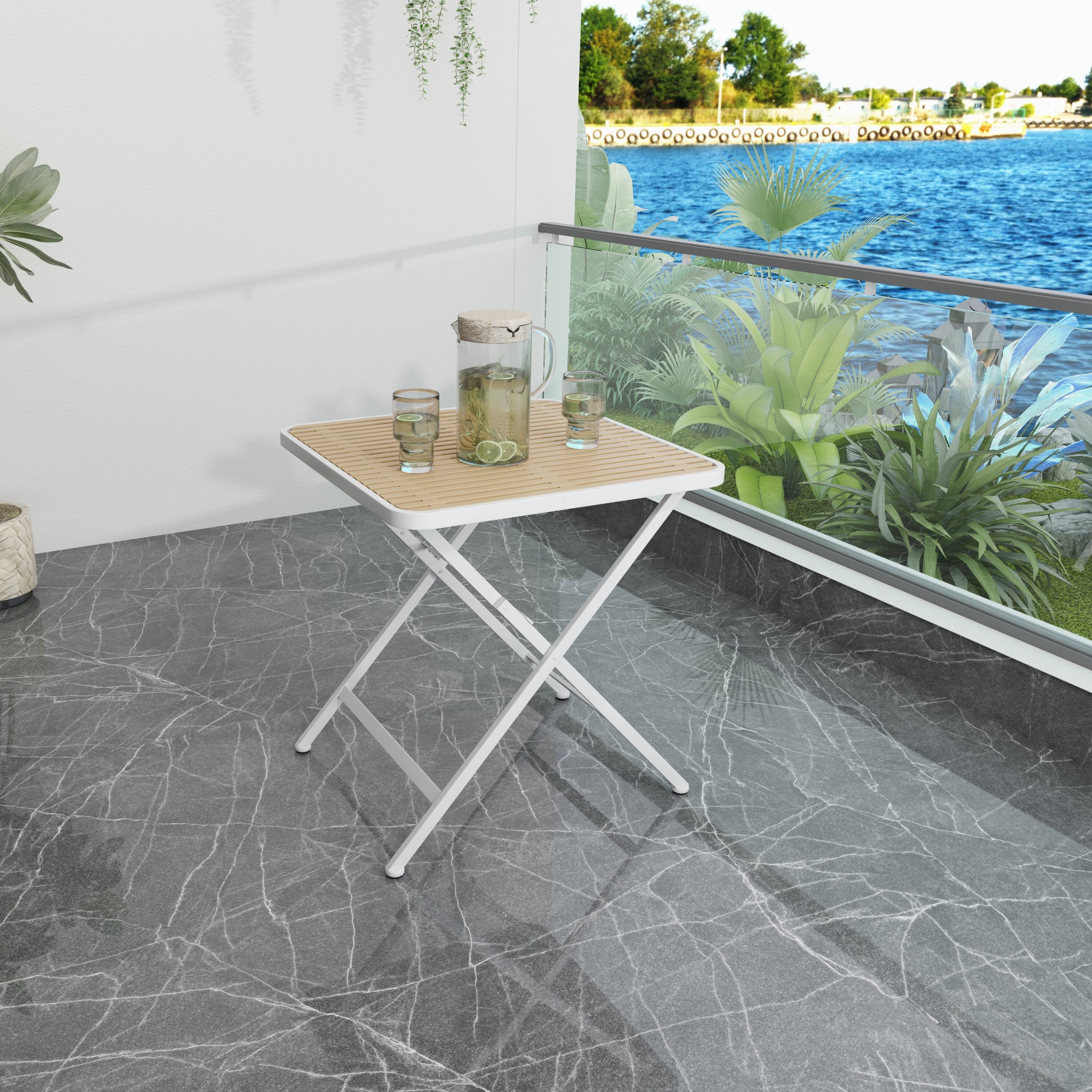 Left. Mondawe - Modern Folding Square Table, Polypropylene Tabletop with Metal Legs - khaki+White.