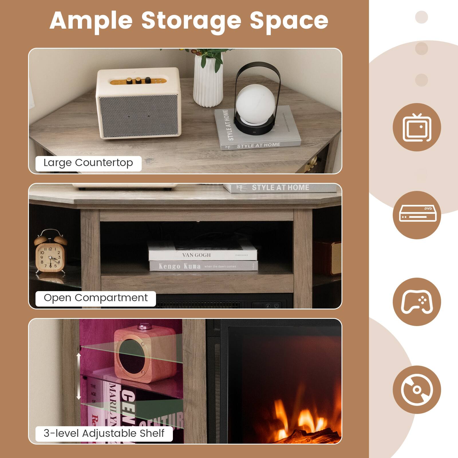 Ample Storage Space:

* Large Countertop: A large countertop provides ample space for placing items, such as a vase, a clock, and a speaker.
* Style at Home: The image showcases a stylish home with various items, including a speaker, a vase, and a clock.
* Open Compartment: The image features an open compartment with a speaker, a vase, and a clock.
* 3-level Adjustable Shelf: The image displays a 3-level adjustable shelf with a speaker, a vase, and a clock.