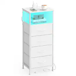 Songmics Home - Nightstand with Charging Station and App-Controlled Adjustable LED Lights, Bed Side Table, 3 Drawer and 1 Open Shelf - Cloud White and Snow White